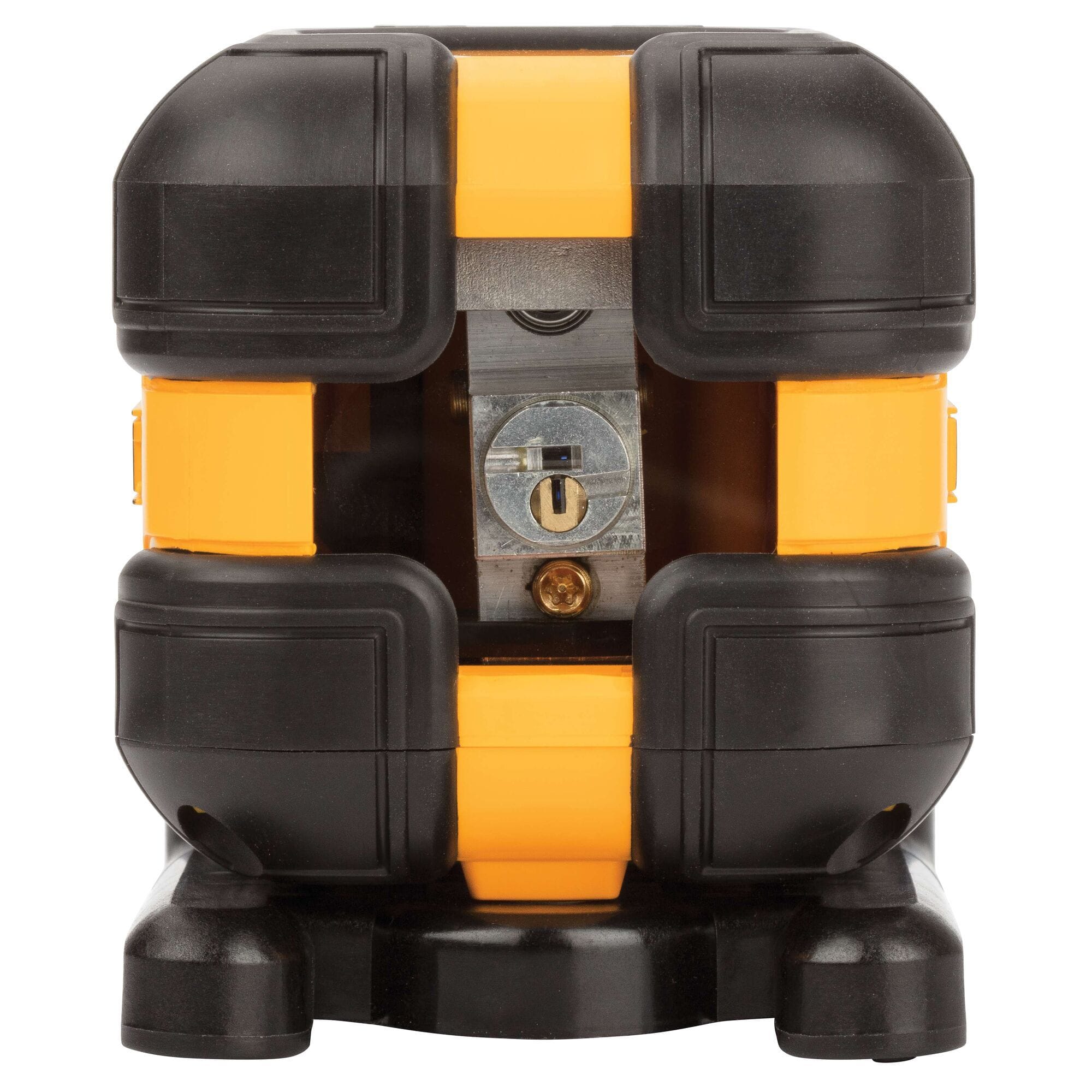 Front-facing view of the DEWALT cross line laser level showing the vertical and horizontal aperture where the green beam is projected for framing and remodeling applications.