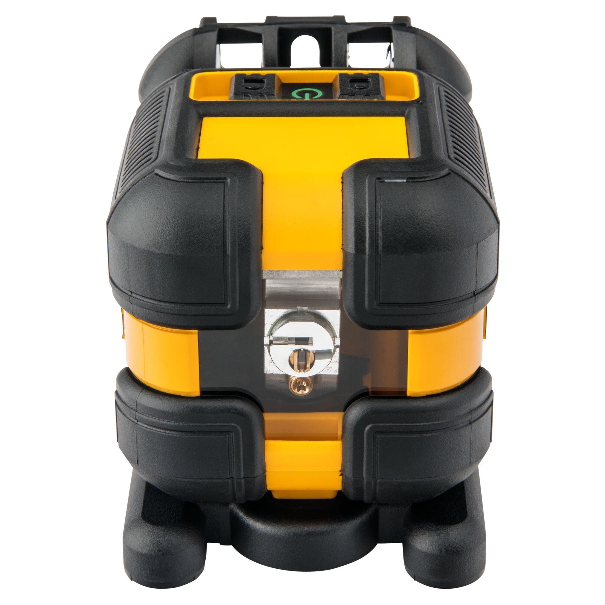 Top-down front view of the DEWALT DW08802CG laser level highlighting the control panel with the power button and the protective rugged black housing.