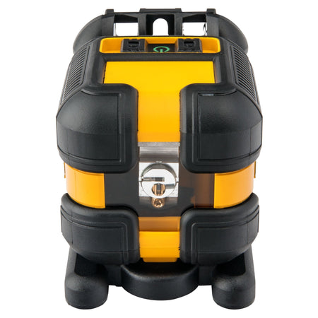 Top-down front view of the DEWALT DW08802CG laser level highlighting the control panel with the power button and the protective rugged black housing.
