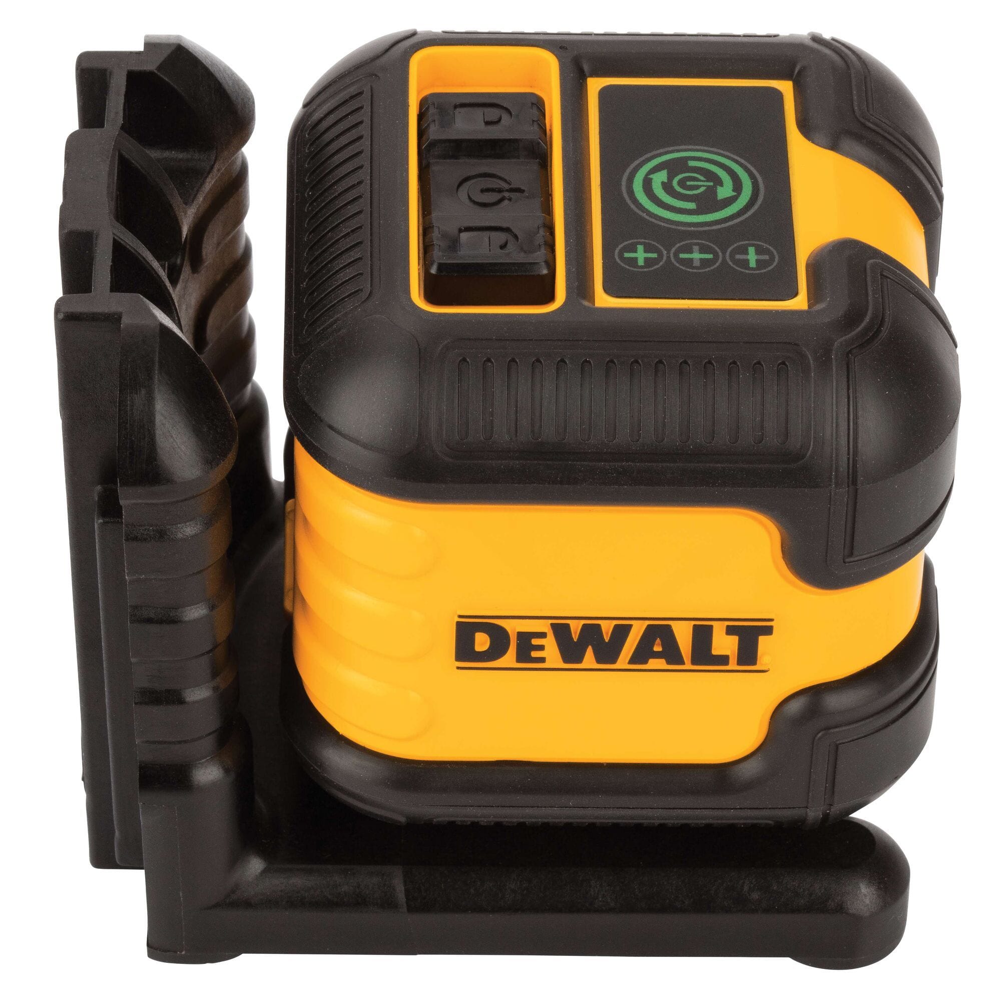 Side view of the DEWALT green beam laser level showing the keypad with power and pulse mode indicators and the integrated magnetic wall bracket.