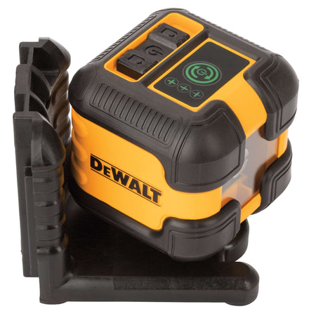 Top-down angled view of the DEWALT laser level demonstrating the pivot capability of the magnetic bracket for flexible positioning on construction sites.