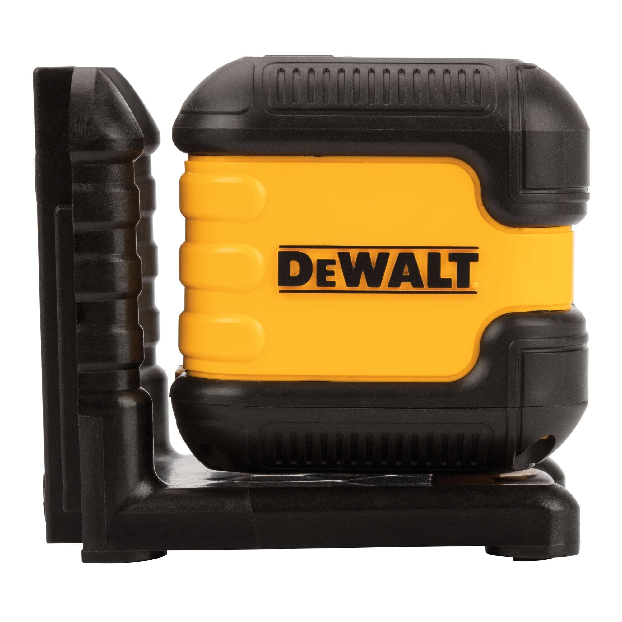 Right side profile of the DEWALT DW08802CG cross line laser level emphasizing the compact design and durable construction suitable for indoor and outdoor use.
