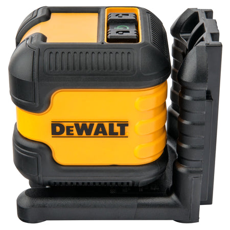 Left side angled view of the DEWALT green self-leveling laser level detailing the ridged rubber over-molding that provides a 1-meter drop rating for enhanced durability.