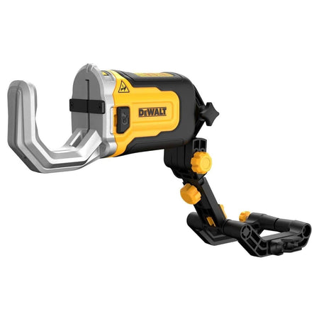 DEWALT pipe clamp with adjustable knobs and joints, designed for securing laser levels or measuring tools to pipes or surfaces.