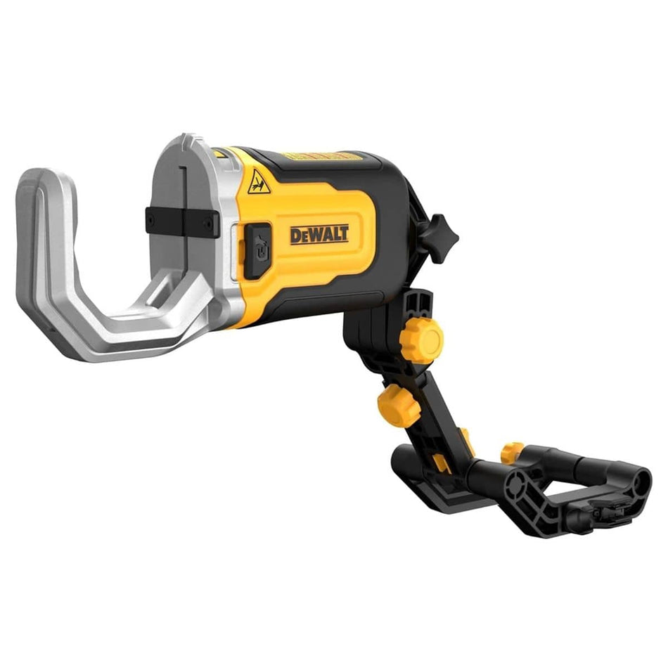 DEWALT pipe clamp with adjustable knobs and joints, designed for securing laser levels or measuring tools to pipes or surfaces.