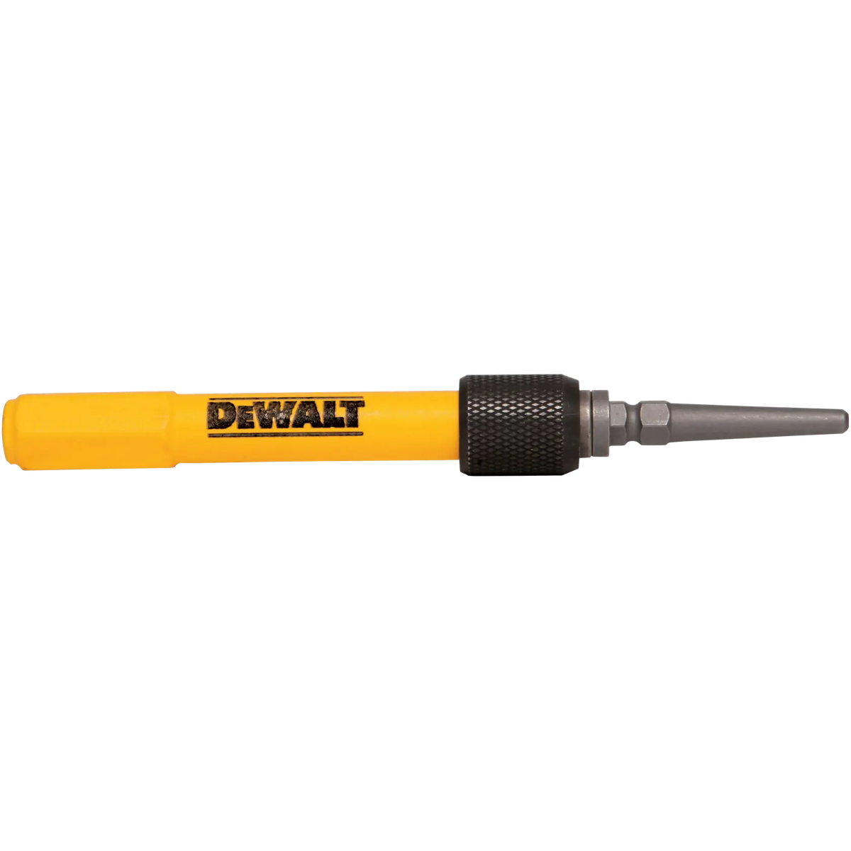 Full side view of the DEWALT DWHT58503 interchangeable nail set featuring a yellow handle with a black knurled locking collar and a precision steel nail set tip.