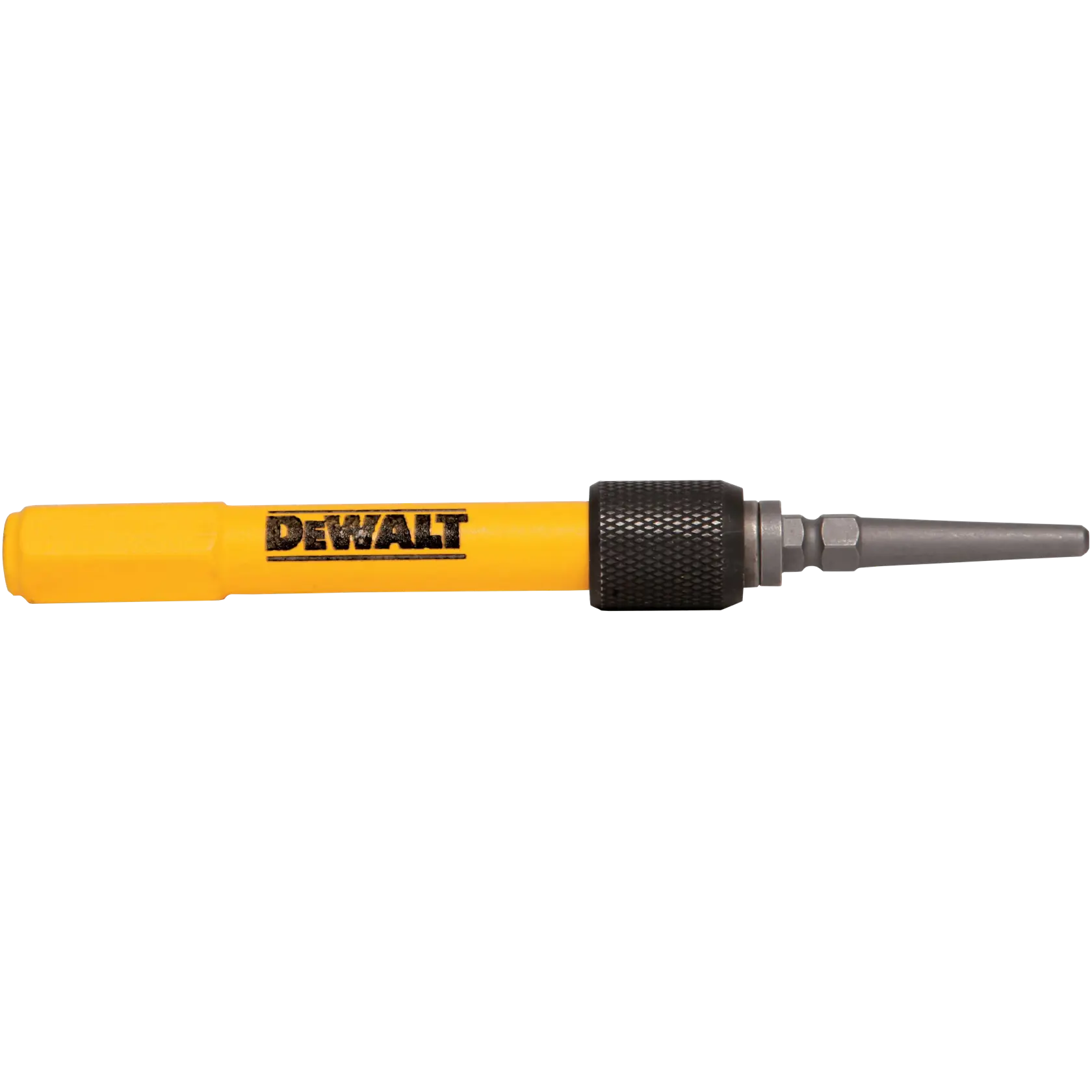 Full side view of the DEWALT DWHT58503 interchangeable nail set featuring a yellow handle with a black knurled locking collar and a precision steel nail set tip.