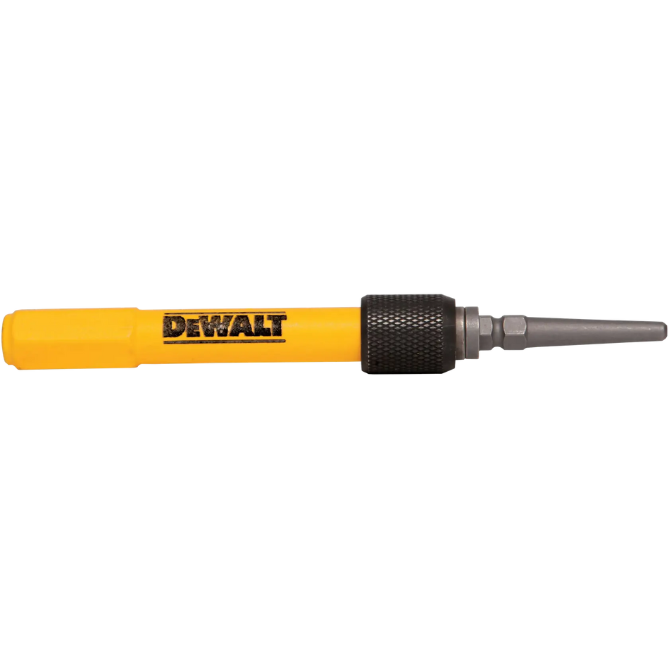 Full side view of the DEWALT DWHT58503 interchangeable nail set featuring a yellow handle with a black knurled locking collar and a precision steel nail set tip.