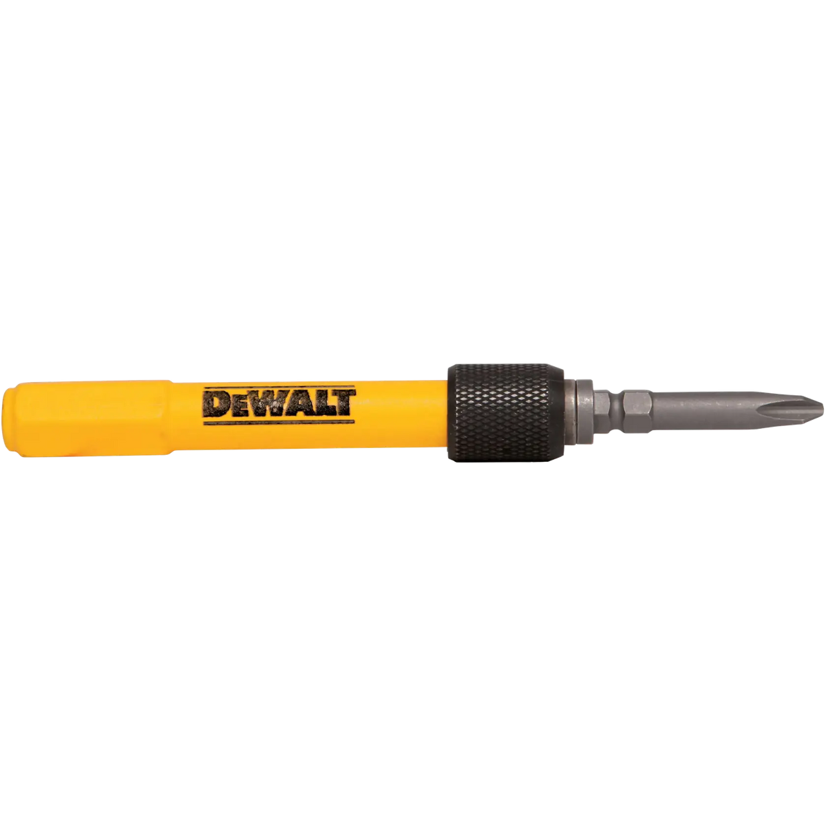 DEWALT multi-functional nail set tool shown with the interchangeable Phillips head tip installed for versatile fastening and finish carpentry applications.