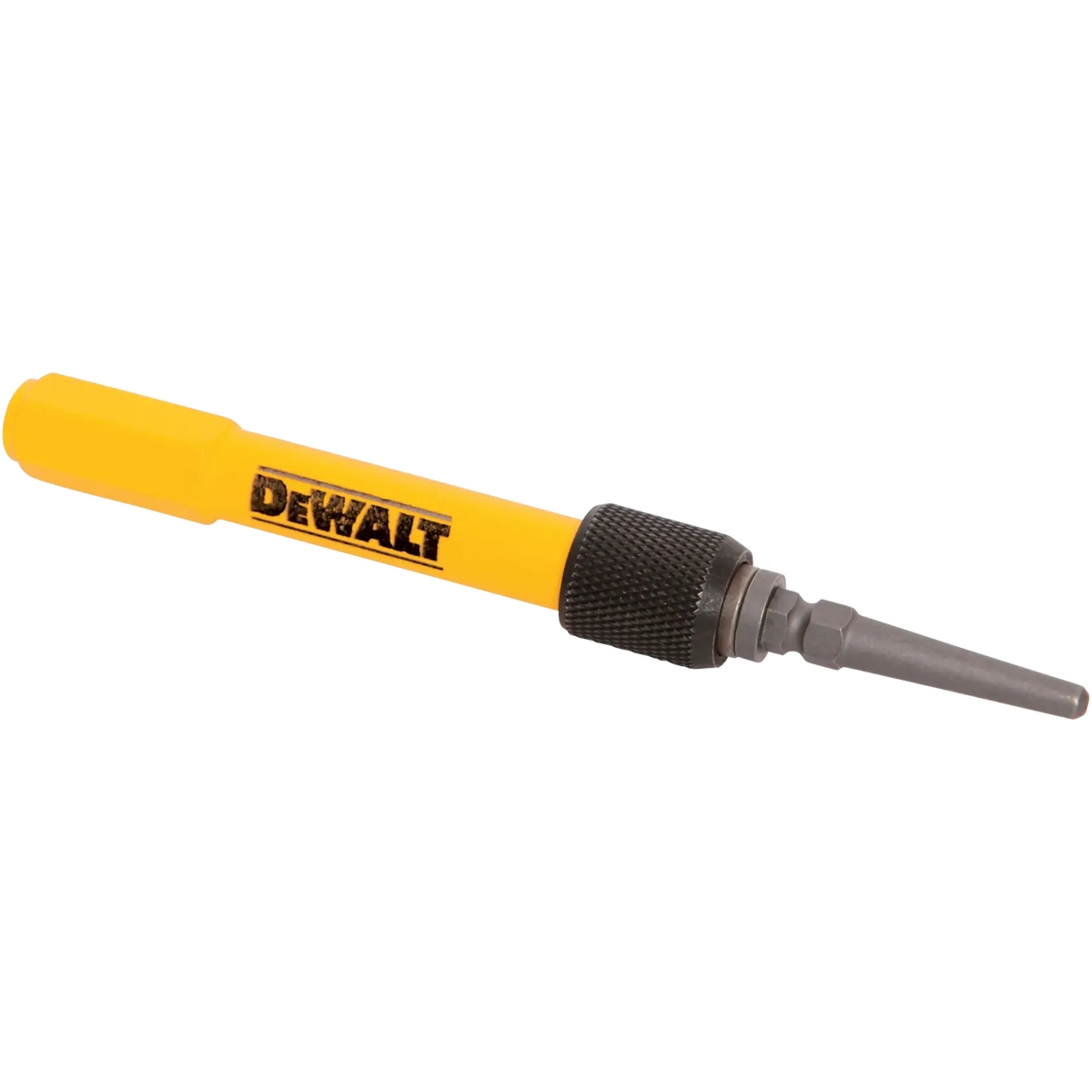 Angled perspective of the DEWALT precision nail set highlighting the hexagonal anti-roll handle design and the knurled metal locking collar for quick tip changes.