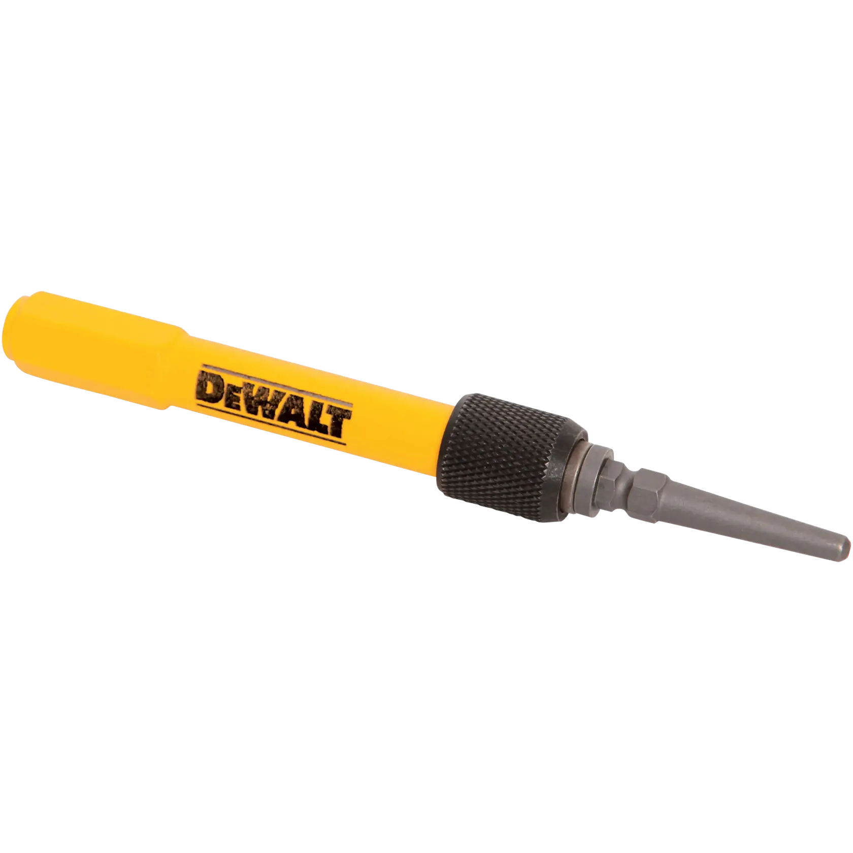 Angled perspective of the DEWALT precision nail set highlighting the hexagonal anti-roll handle design and the knurled metal locking collar for quick tip changes.