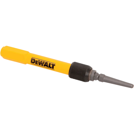 Angled perspective of the DEWALT precision nail set highlighting the hexagonal anti-roll handle design and the knurled metal locking collar for quick tip changes.