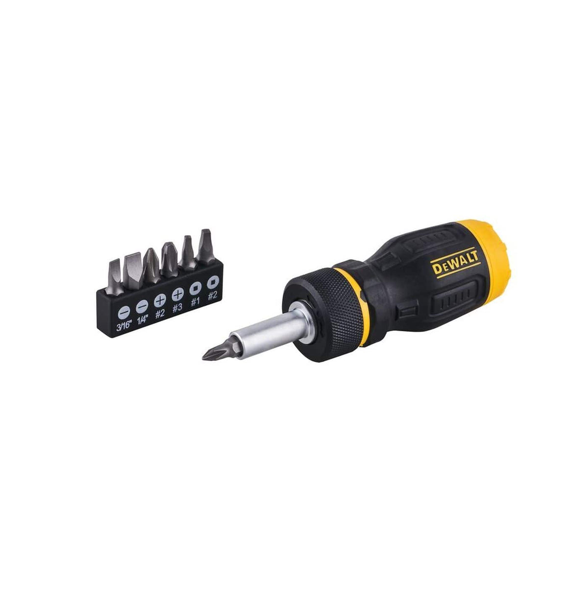 DEWALT DWHT68005 multi-bit screwdriver set showcasing the stubby ratcheting handle alongside a 6-piece bit organizer containing Phillips, slotted, and square drive MAXFIT tips.