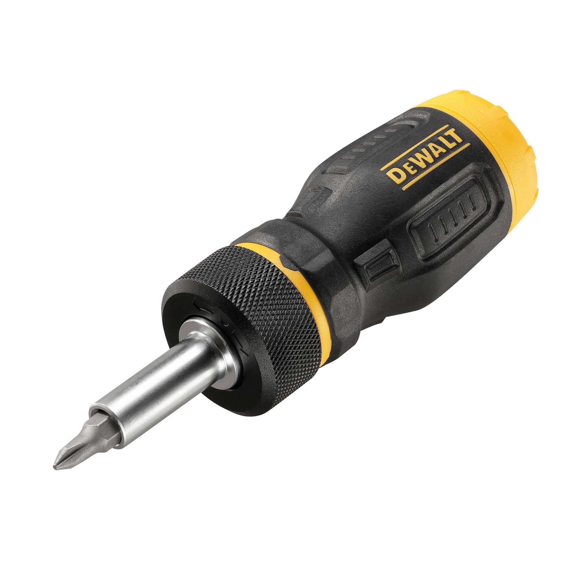 Angled view of the DEWALT MAXFIT stubby screwdriver highlighting the knurled metal ratcheting collar and the ergonomic yellow and black bi-material comfort grip handle.
