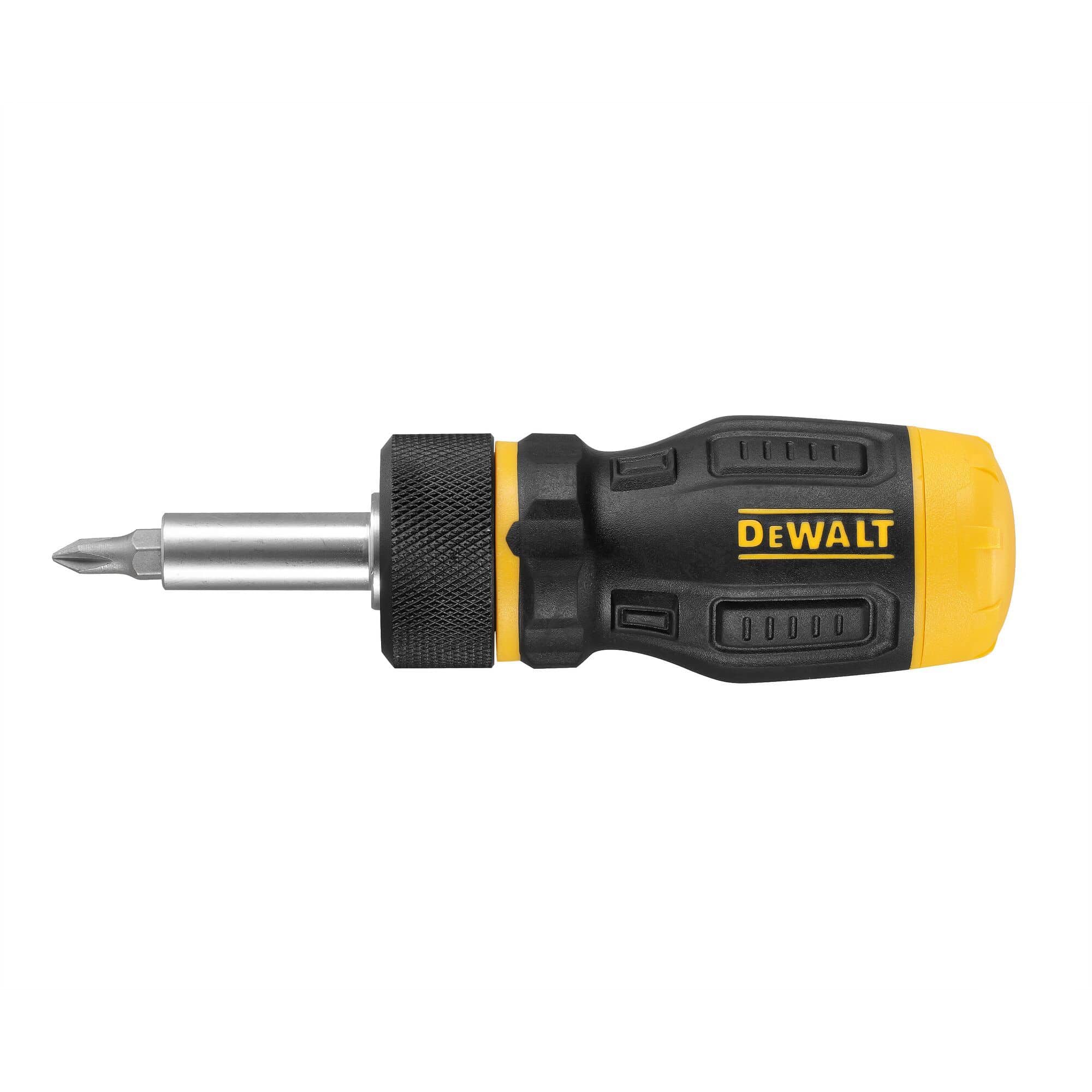 Side profile of the DEWALT 7-piece stubby ratcheting driver detailing the compact bit holder and the laser-etched branding on the high-torque ergonomic handle.