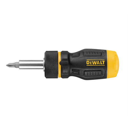 Side profile of the DEWALT 7-piece stubby ratcheting driver detailing the compact bit holder and the laser-etched branding on the high-torque ergonomic handle.