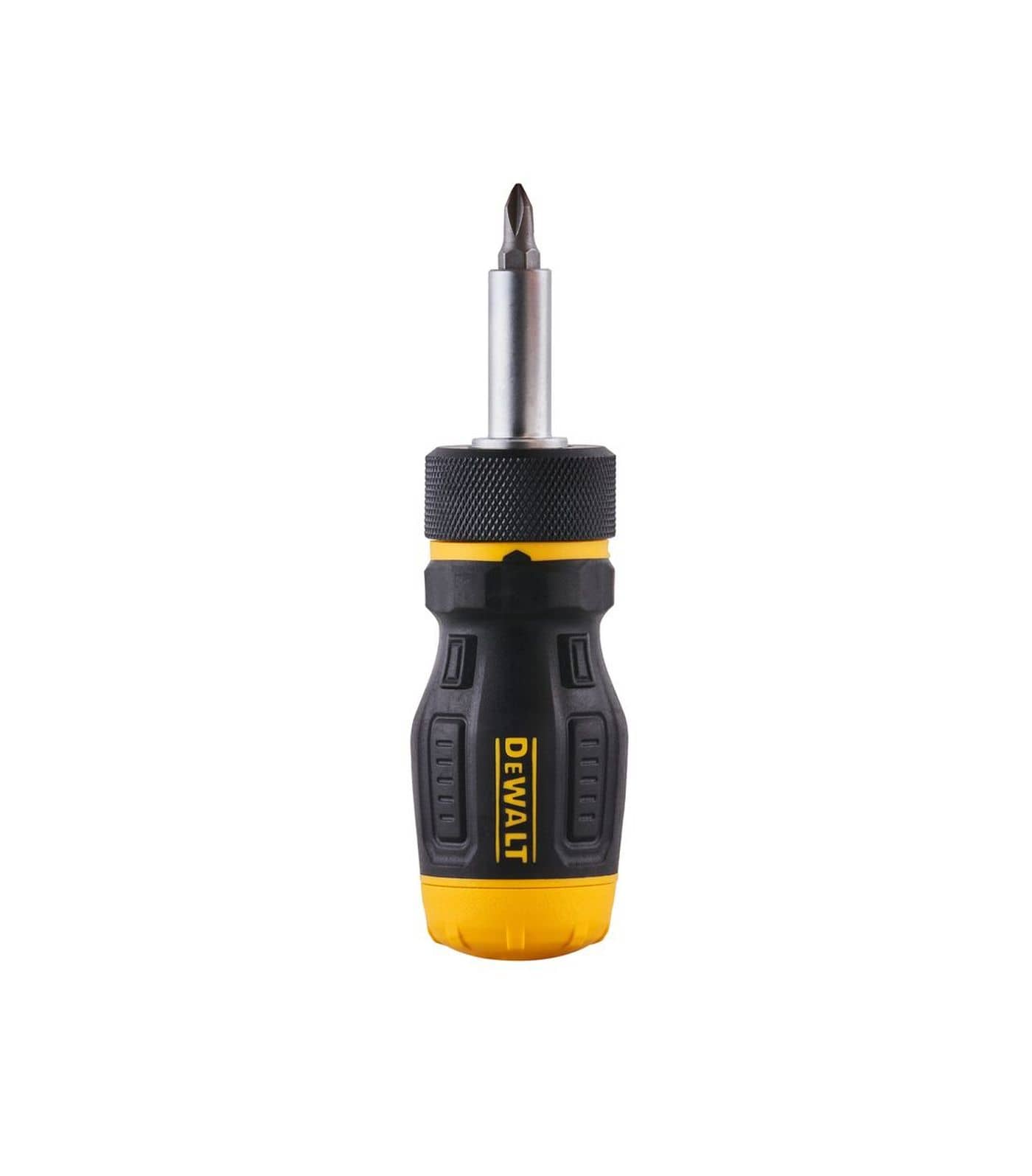 Front vertical view of the DEWALT DWHT68005 screwdriver showing the slim profile design and the magnetic bit holder equipped with a Phillips head MAXFIT precision tip.