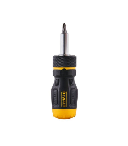 Front vertical view of the DEWALT DWHT68005 screwdriver showing the slim profile design and the magnetic bit holder equipped with a Phillips head MAXFIT precision tip.