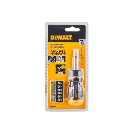 Retail blister pack packaging for the DEWALT MAXFIT stubby ratcheting screwdriver set emphasizing the precision tips that help reduce cam-out and the in-handle bit storage.