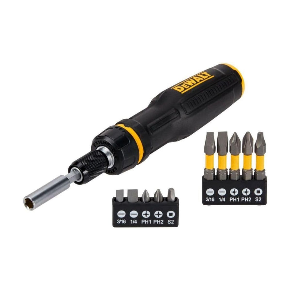 DEWALT DWHT68001 telescoping ratcheting screwdriver set featuring an adjustable length bar and two bit organizers containing Phillips, slotted, and square MAXFIT precision tips.