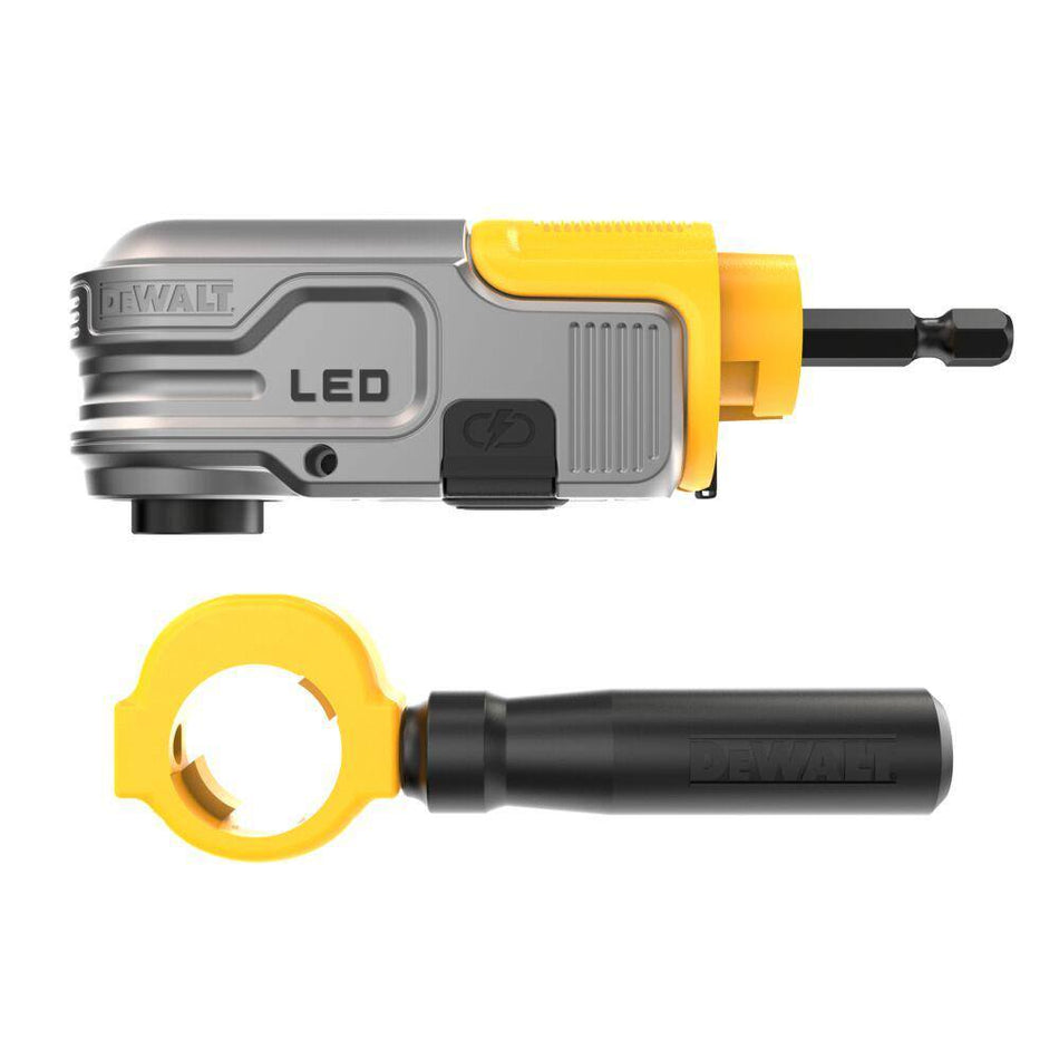Product view of the DEWALT MAXFIT ULTRA right-angle attachment shown with its removable auxiliary handle for enhanced stability and control in tight spaces.