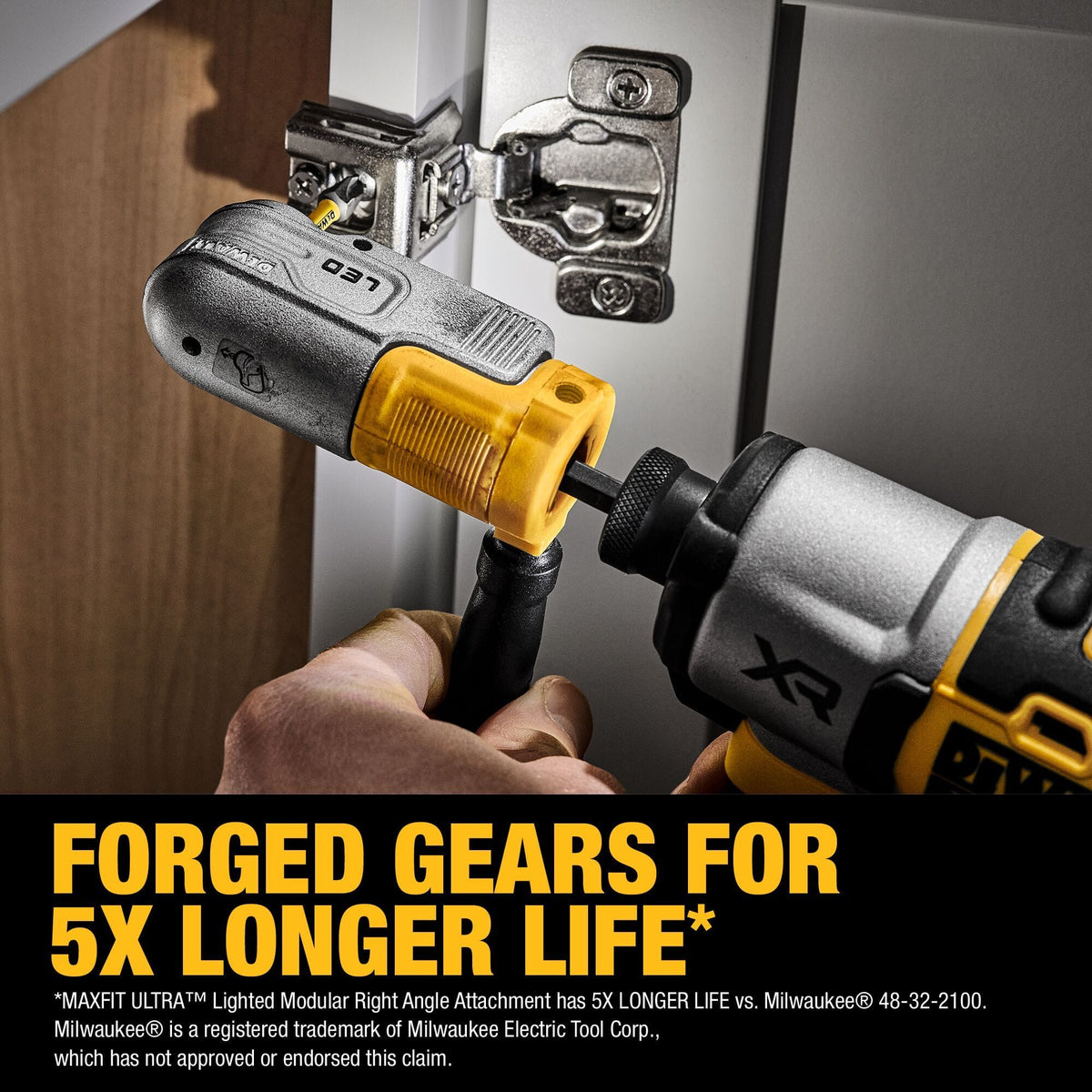 Close-up of a worker using the DEWALT lighted right-angle attachment to adjust a cabinet door hinge, emphasizing the forged gears that provide 5X longer life in tough professional applications.
