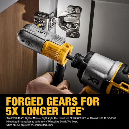 Close-up of a worker using the DEWALT lighted right-angle attachment to adjust a cabinet door hinge, emphasizing the forged gears that provide 5X longer life in tough professional applications.