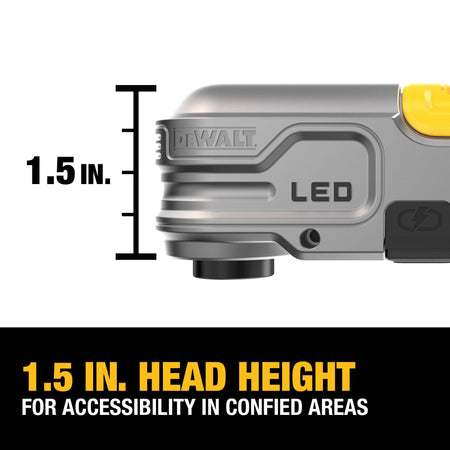 Technical profile view of the DEWALT MAXFIT ULTRA right-angle adapter head highlighting the ultra-slim 1.5 inch head height for superior accessibility in confined woodworking and construction spaces.