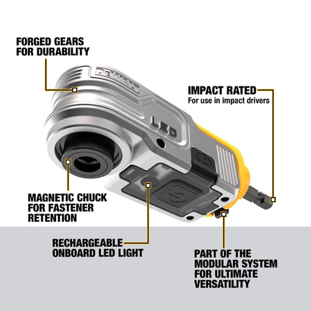 Feature infographic for the DEWALT DWALRAMF highlighting the forged gears for durability, impact-rated design, magnetic chuck, and rechargeable onboard LED light.