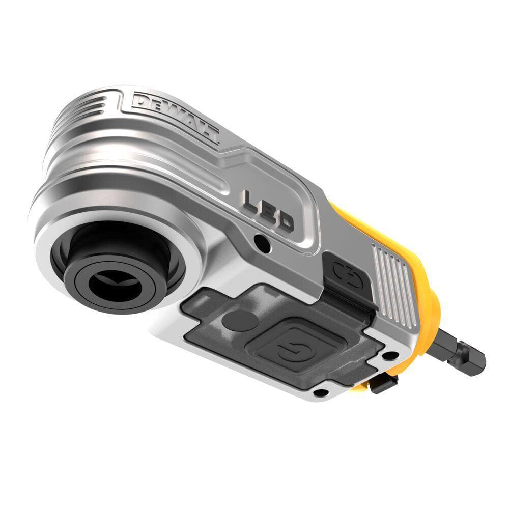 Bottom perspective of the DEWALT lighted attachment showcasing the power button for the LED light and the high-strength magnetic chuck for secure fastener retention.