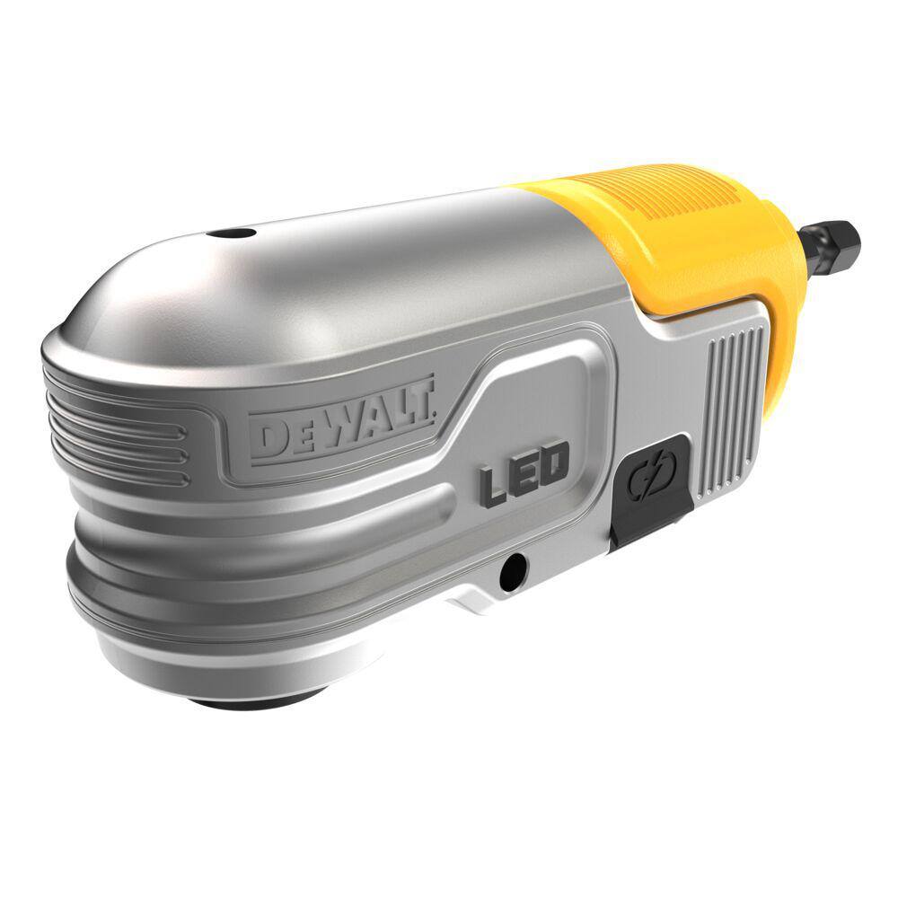 Front angled view of the silver metal gear housing on the DEWALT right-angle attachment, highlighting the durable construction and integrated LED lens.