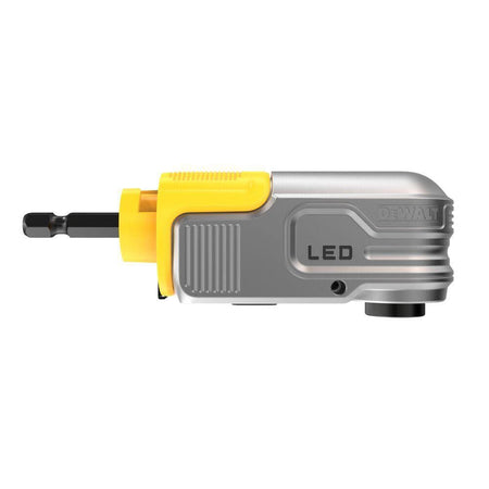 Side view of the DEWALT right-angle adapter highlighting the compact length and the 1/4 inch hex drive shank compatible with standard cordless impact drivers.