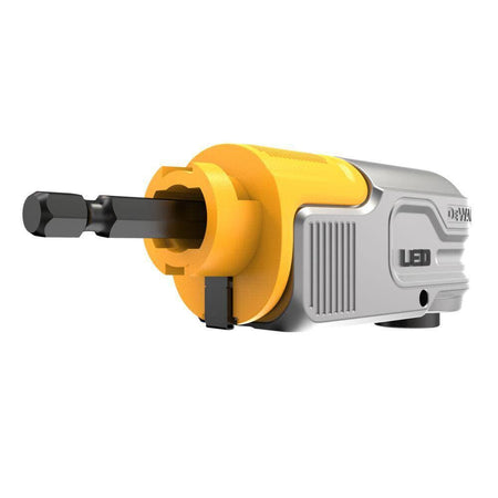 Close-up of the modular connection point on the DEWALT right-angle tool, demonstrating the quick-change interface for various MAXFIT ULTRA accessories.