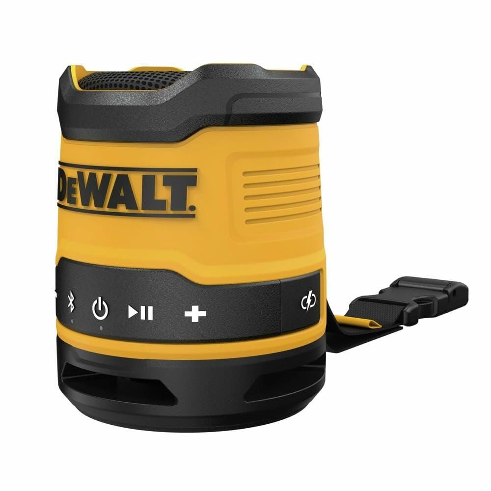 A three-quarter view of the yellow and black DEWALT mini Bluetooth speaker, showing the main control buttons and the attached carry strap.