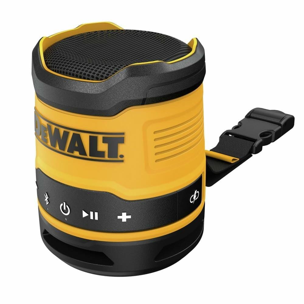 A high-angle view of the DEWALT mini Bluetooth speaker, showing the top speaker grille, control buttons, and carry strap.