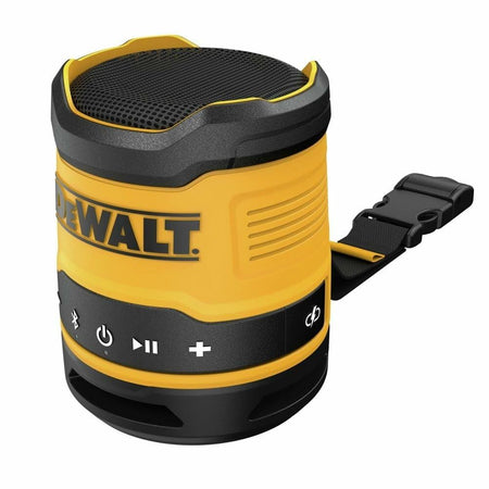 A high-angle view of the DEWALT mini Bluetooth speaker, showing the top speaker grille, control buttons, and carry strap.