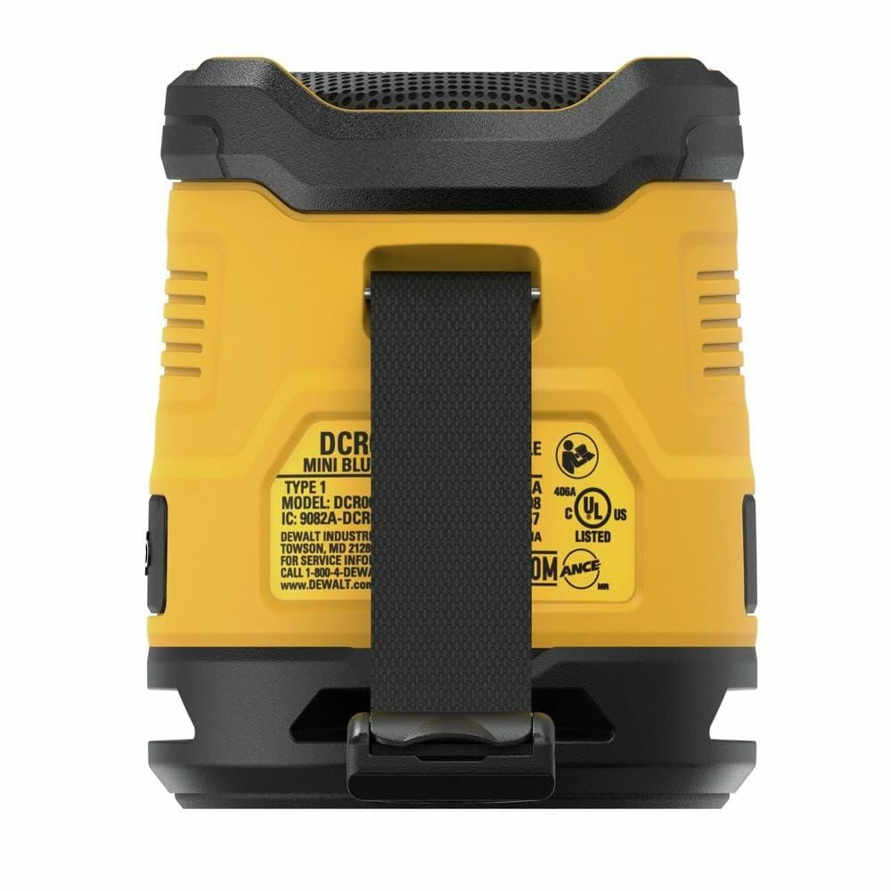 The back of the DEWALT mini Bluetooth speaker, showing the product information and compliance label.