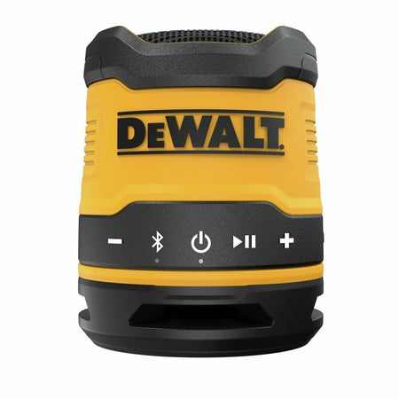 A direct front view of the DEWALT mini Bluetooth speaker, showing the control panel with buttons for volume, Bluetooth pairing, power, and play/pause.