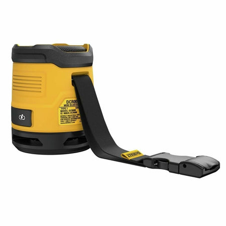 A side profile of the DEWALT mini Bluetooth speaker with its woven carry strap and buckle fully extended.