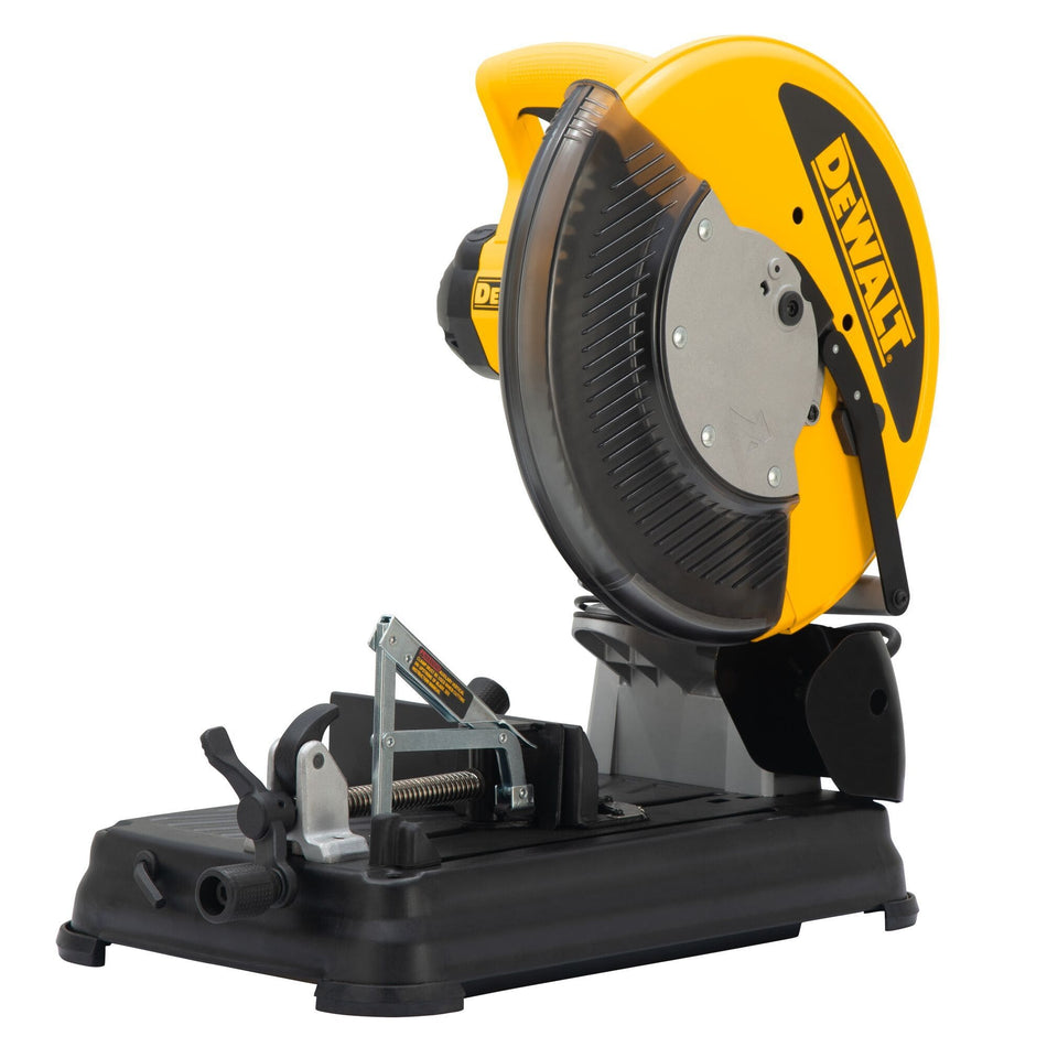 DEWALT DW872 14 inch multi cutter saw shown from a front three quarter view on a white background highlighting the heavy duty metal cutting power tool base quick lock vise tracking and clear protective blade guard