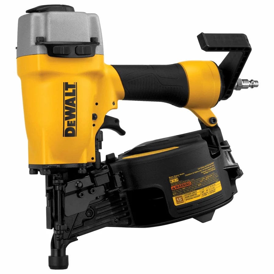 Close-up of DEWALT pneumatic coil framing nailer with yellow and black body, metal coil magazine, rubberized grip, and air hose connector, designed for heavy-duty construction tasks.