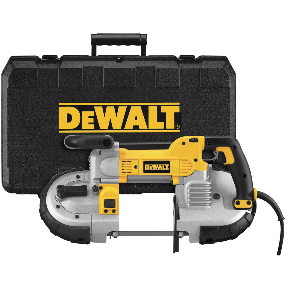 DEWALT DWM120 portable bandsaw handheld power tool shown horizontally in a front profile view with its included black heavy duty hardshell protective storage case block positioned directly behind it