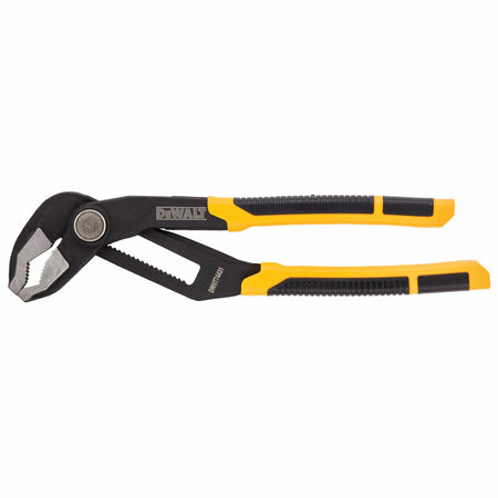 Side profile view of the DEWALT 10-inch push lock V-jaw plier featuring a black Chrome Vanadium steel body and ergonomic yellow and black multi-component comfort grips.