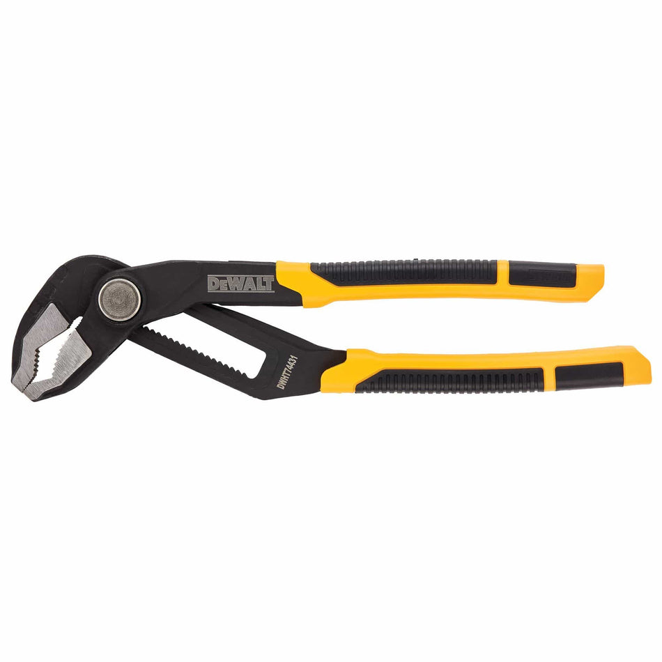 Side profile view of the DEWALT 10-inch push lock V-jaw plier featuring a black Chrome Vanadium steel body and ergonomic yellow and black multi-component comfort grips.