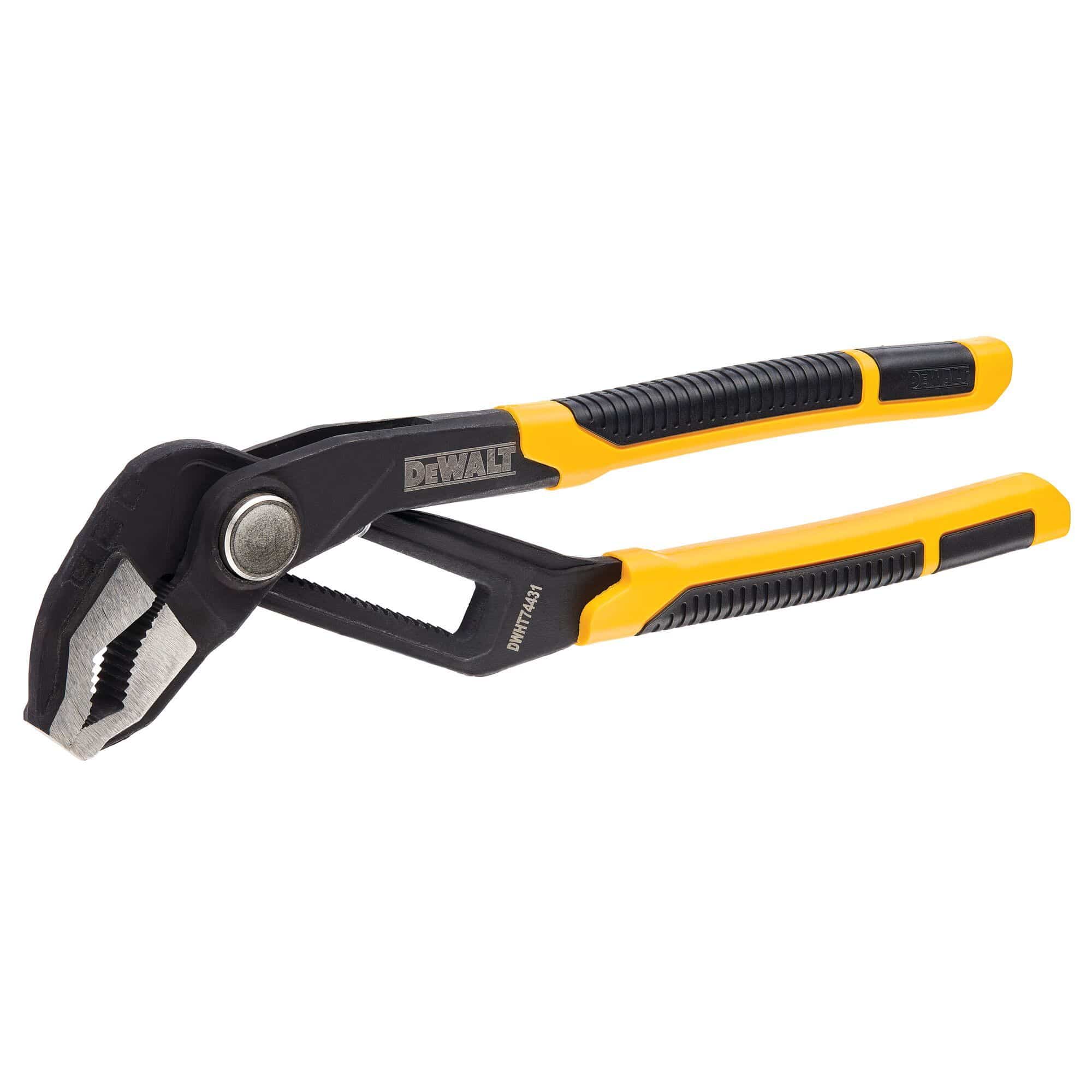 Angled view of the DEWALT adjustable plumbing pliers showcasing the deep V-jaw geometry for superior grip and the push button adjustment mechanism for rapid resizing.