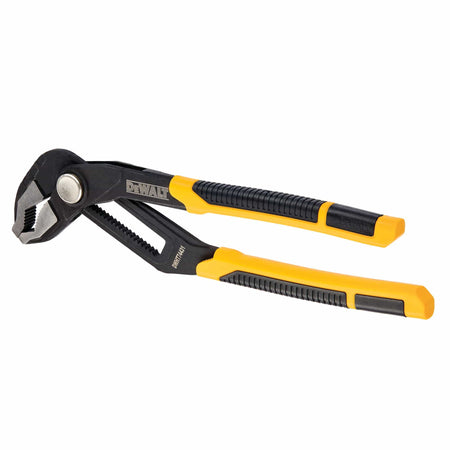 Top-down view of the DEWALT 4.5 inch corded angle grinder highlighting the slim body design and the top-mounted spindle lock button for quick wheel changes.