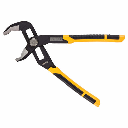Front-facing angled shot of the DEWALT DWHT74431 water pump pliers highlighting the hardened teeth and the slim profile design for better access in tight workspaces.