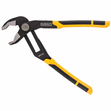 Full view of the DEWALT V-jaw pliers with the jaws in the wide-open position demonstrating the large capacity for industrial pipes and heavy duty fasteners.