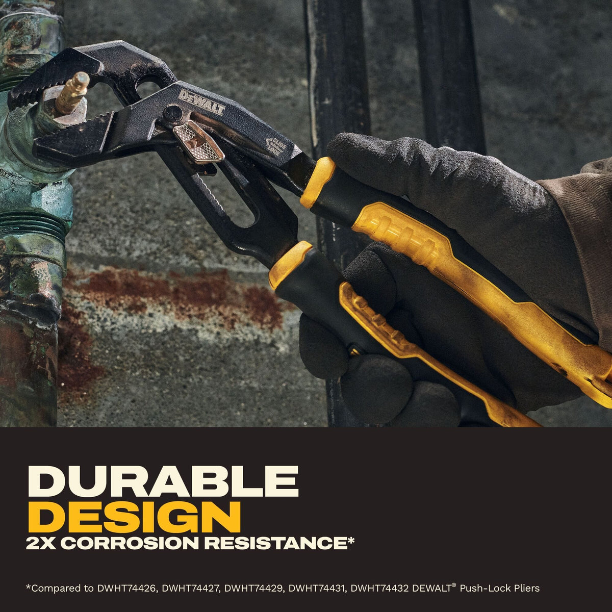 DEWALT 10-inch V-jaw push lock pliers in retail card packaging highlighting the 2-3/8 inch jaw capacity, rapid adjustment feature, and professional-grade durability.
