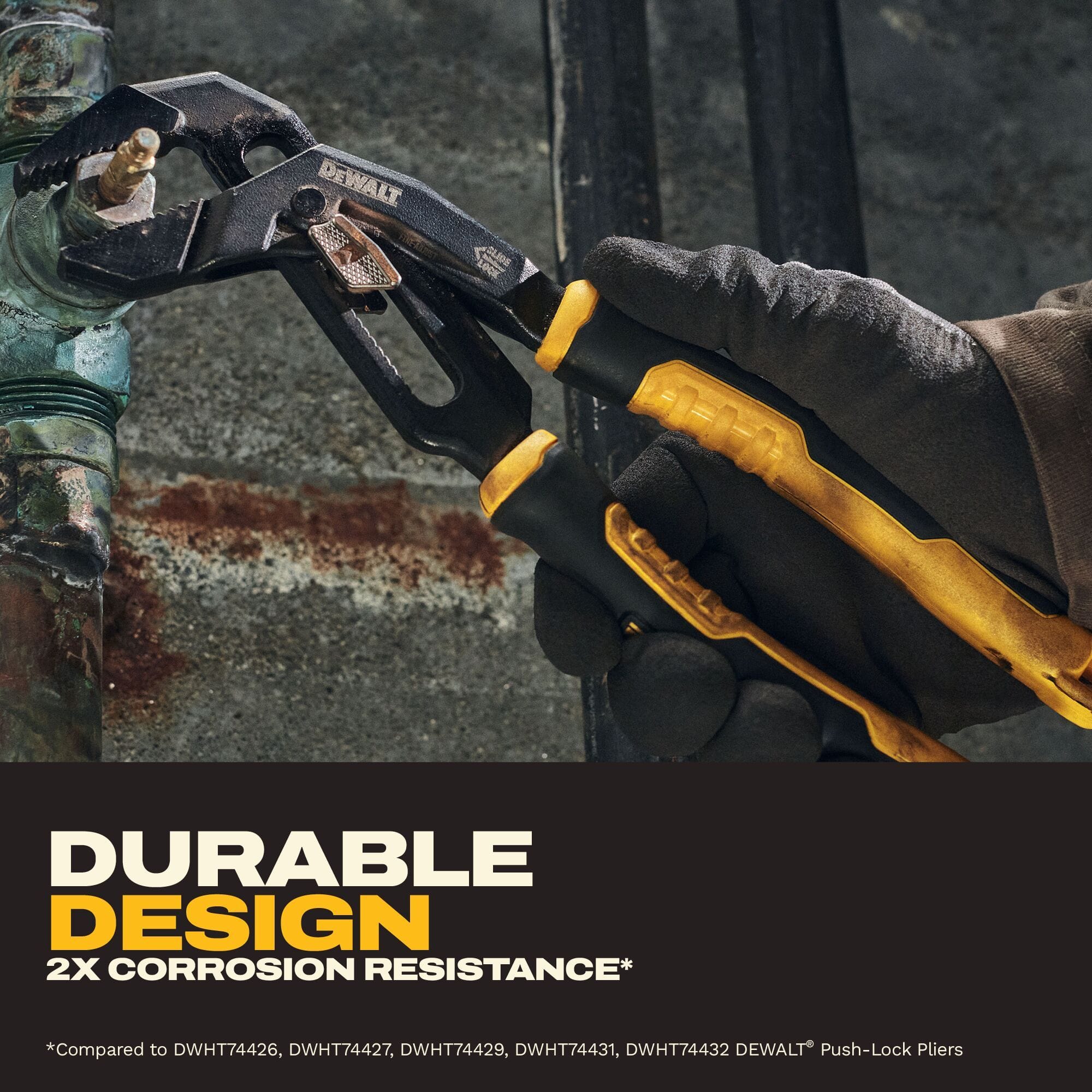 DEWALT 10-inch V-jaw push lock pliers in retail card packaging highlighting the 2-3/8 inch jaw capacity, rapid adjustment feature, and professional-grade durability.